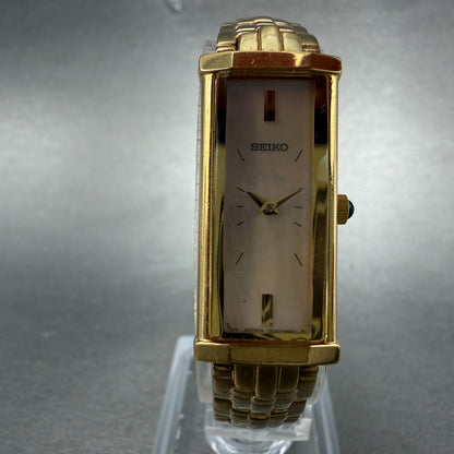 Seiko Tank Watch Women 14mm MOP Dial Gold Tone Rectangle 2e20-7609 New BatteryAB0