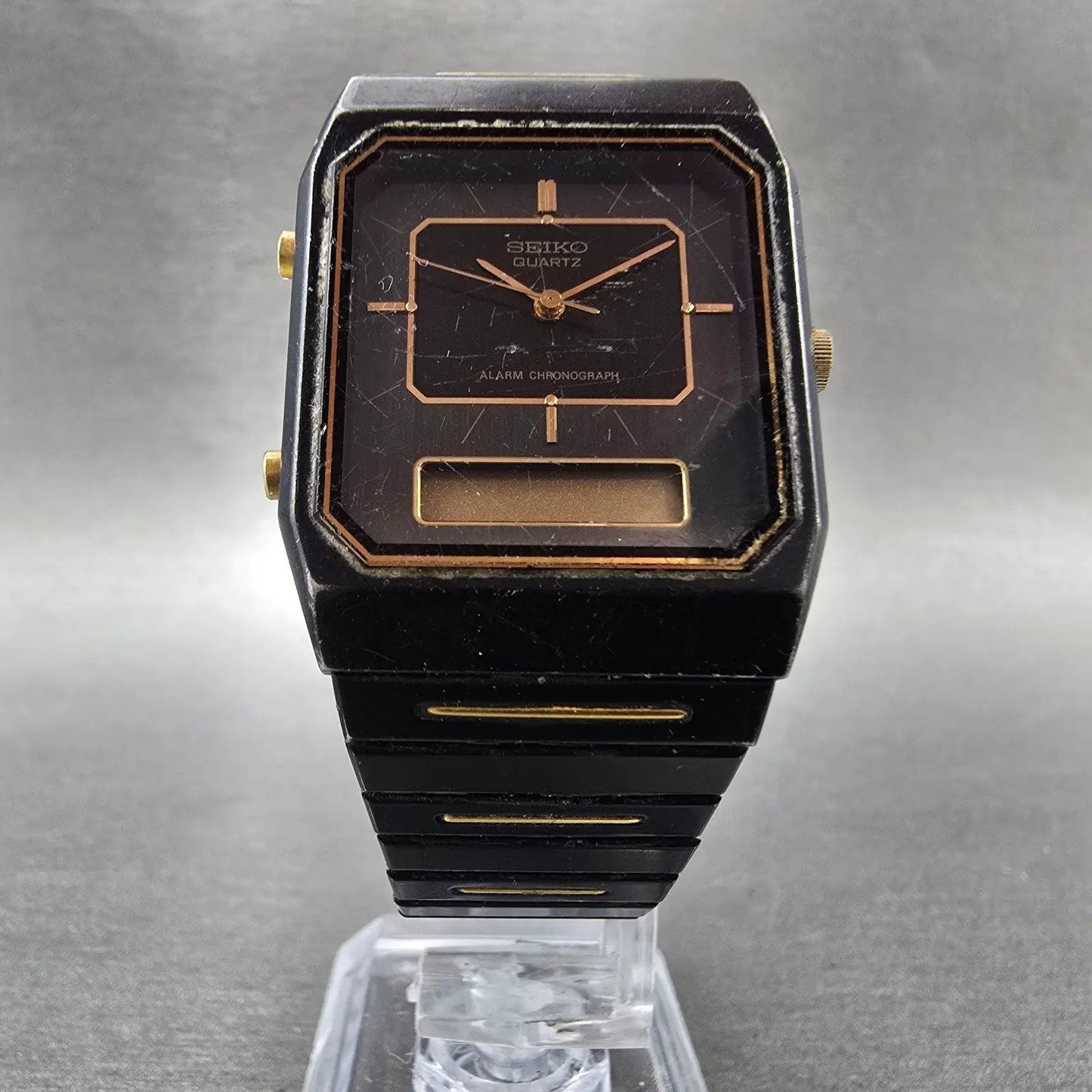 Seiko Analog Digital Watch Men 29mm Black Gold Alarm Chronograph H601-5179 PARTS6
