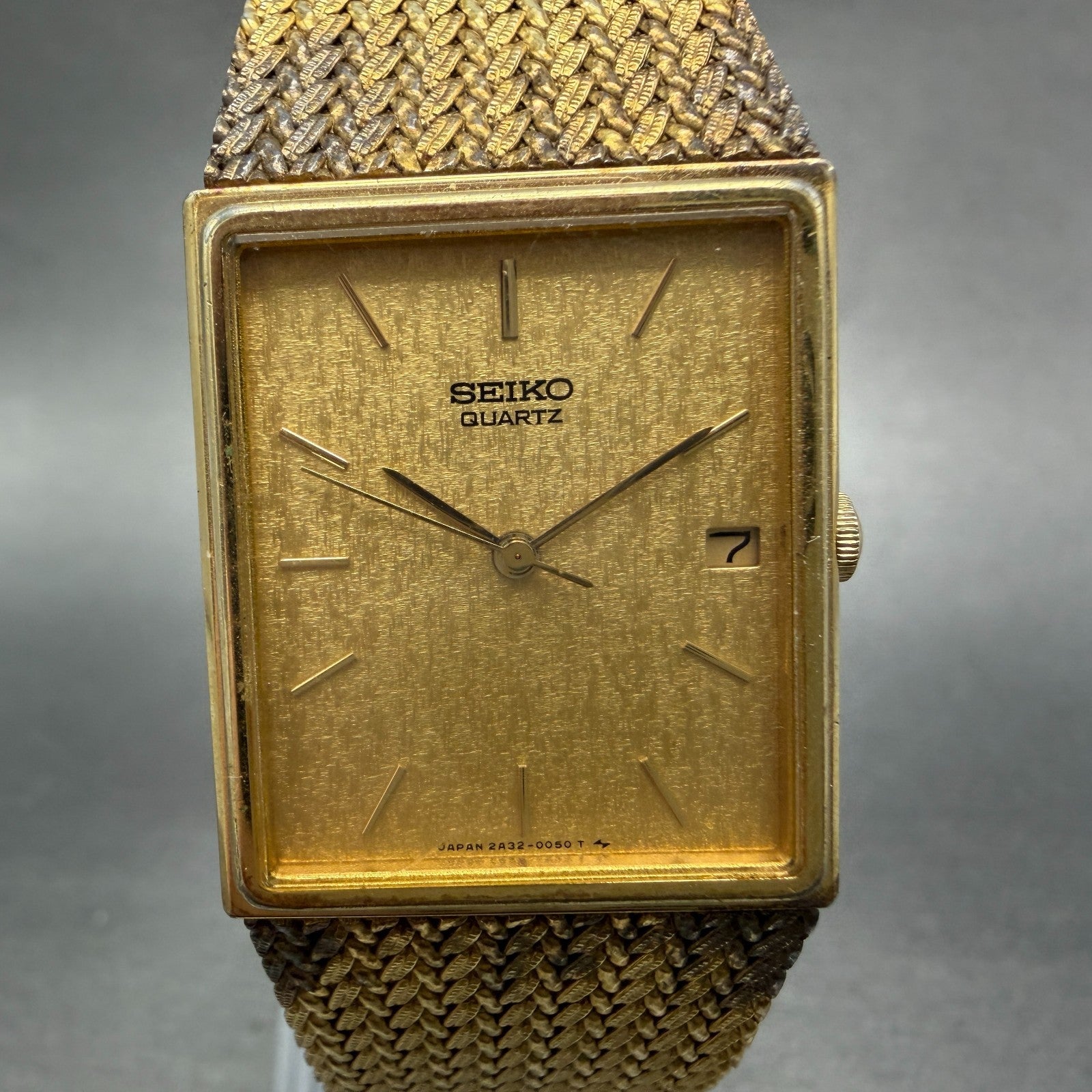 Seiko Tank Watch Men 24mm Gold Dial Gold Tone Rectangle Date 2A32-5019 PARTS VTG0