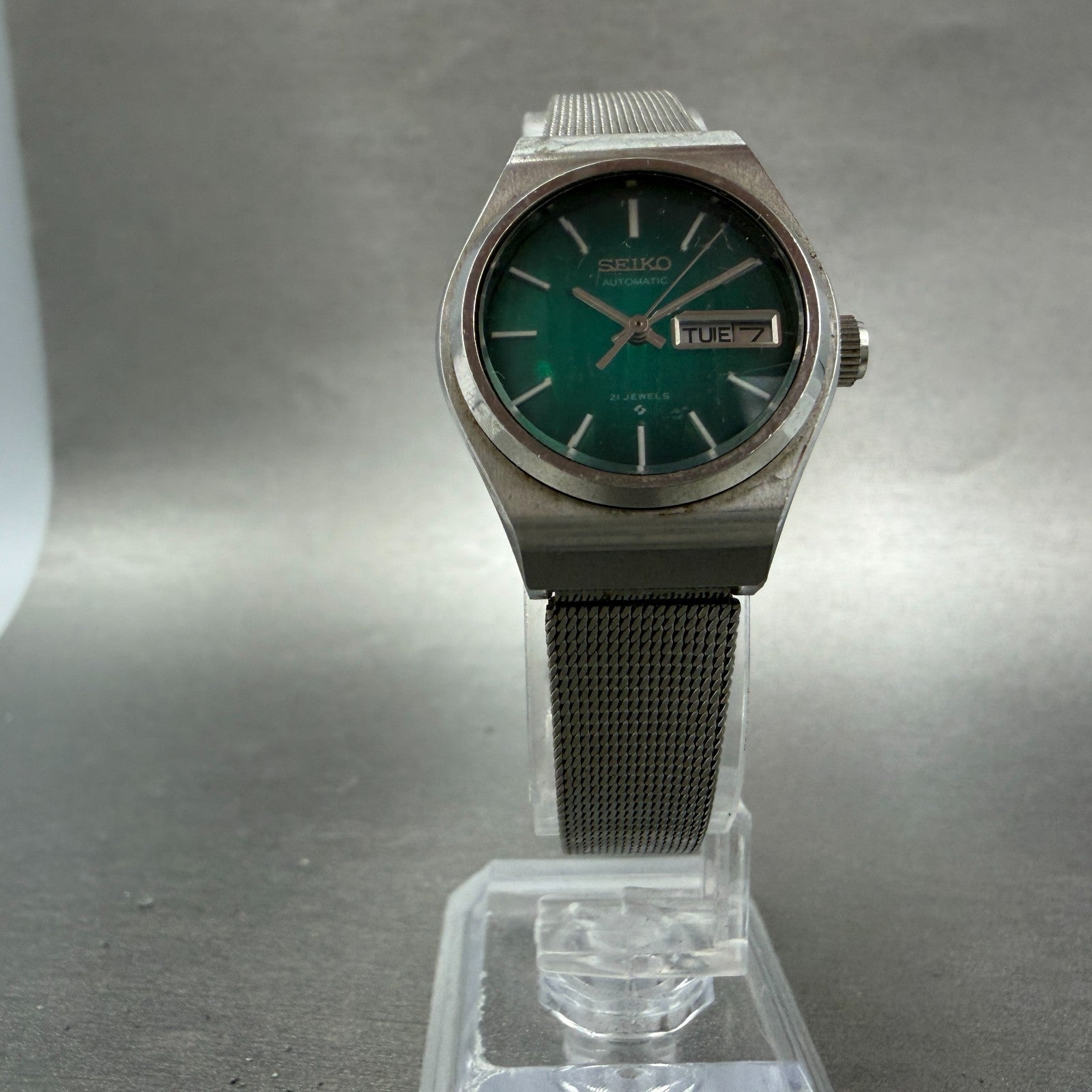 Seiko Automatic Watch Women 25mm Green Dial Silver Tone Daydate 2706-0380 Runs5