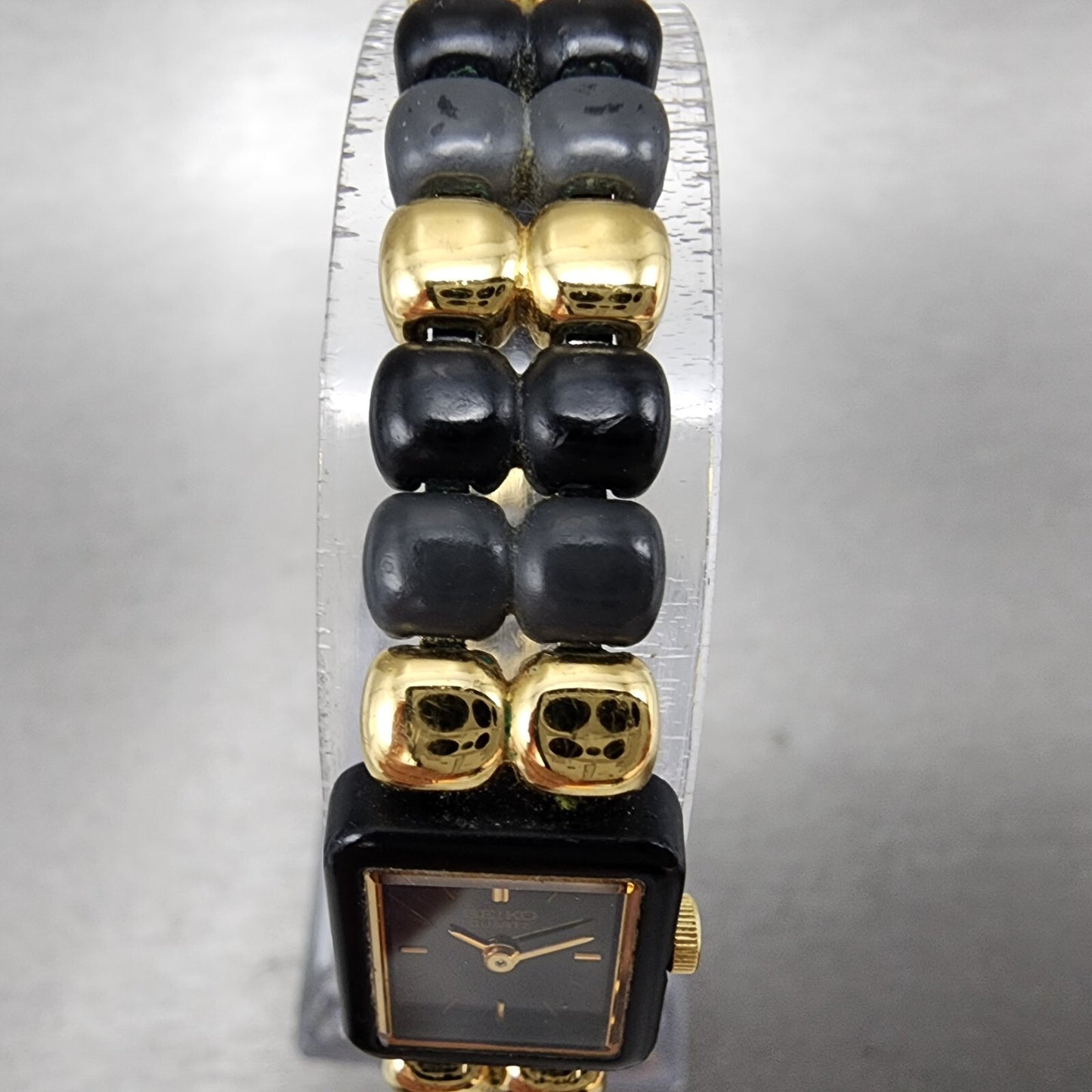VTG Seiko Watch Women 14mm Black Dial Black Tone Rectangle 1E205540 New Battery4