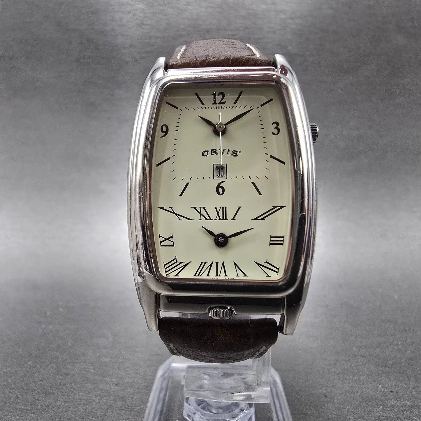 Orvis Dual Time Tank Watch Men 29mm Cream Dial Silver Tone Leather New Battery5