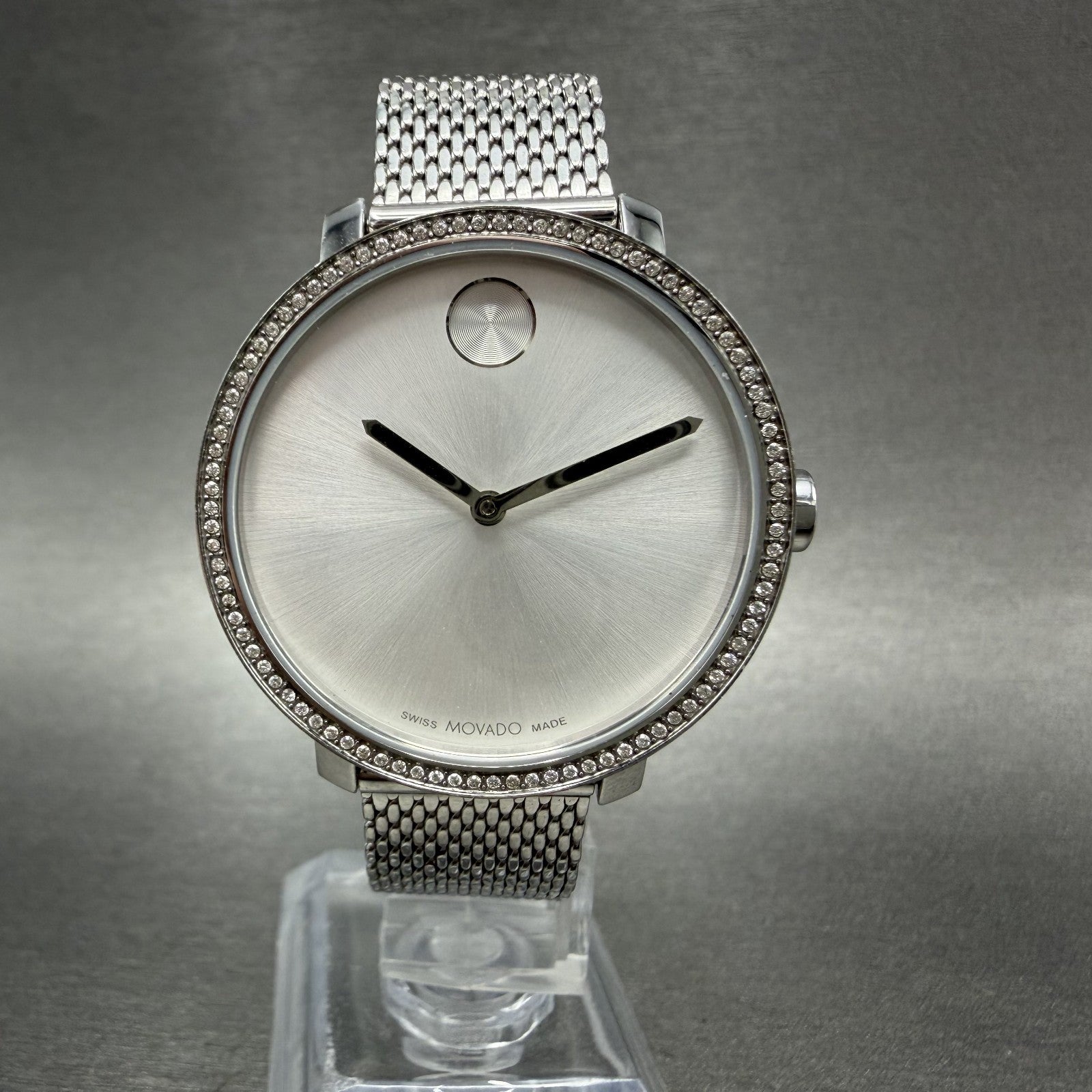 Movado Bold Shimmer Watch Women 34mm Silver Dial Steel Crystal Bezel New Batt0