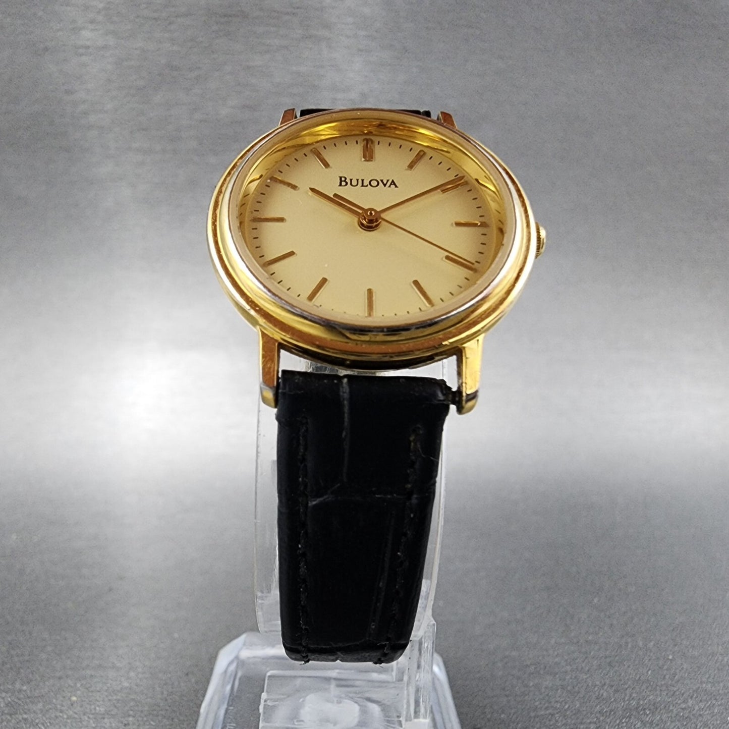 VTG Bulova Watch Women 26mm Gold Dial Gold Tone Round Leather Band New Battery5
