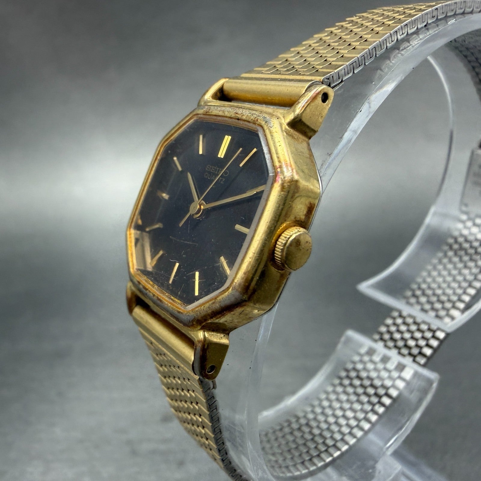 Seiko Watch Women 20mm Black Dial Gold Tone Octagon 2C21-5170 New Battery VTG FC2
