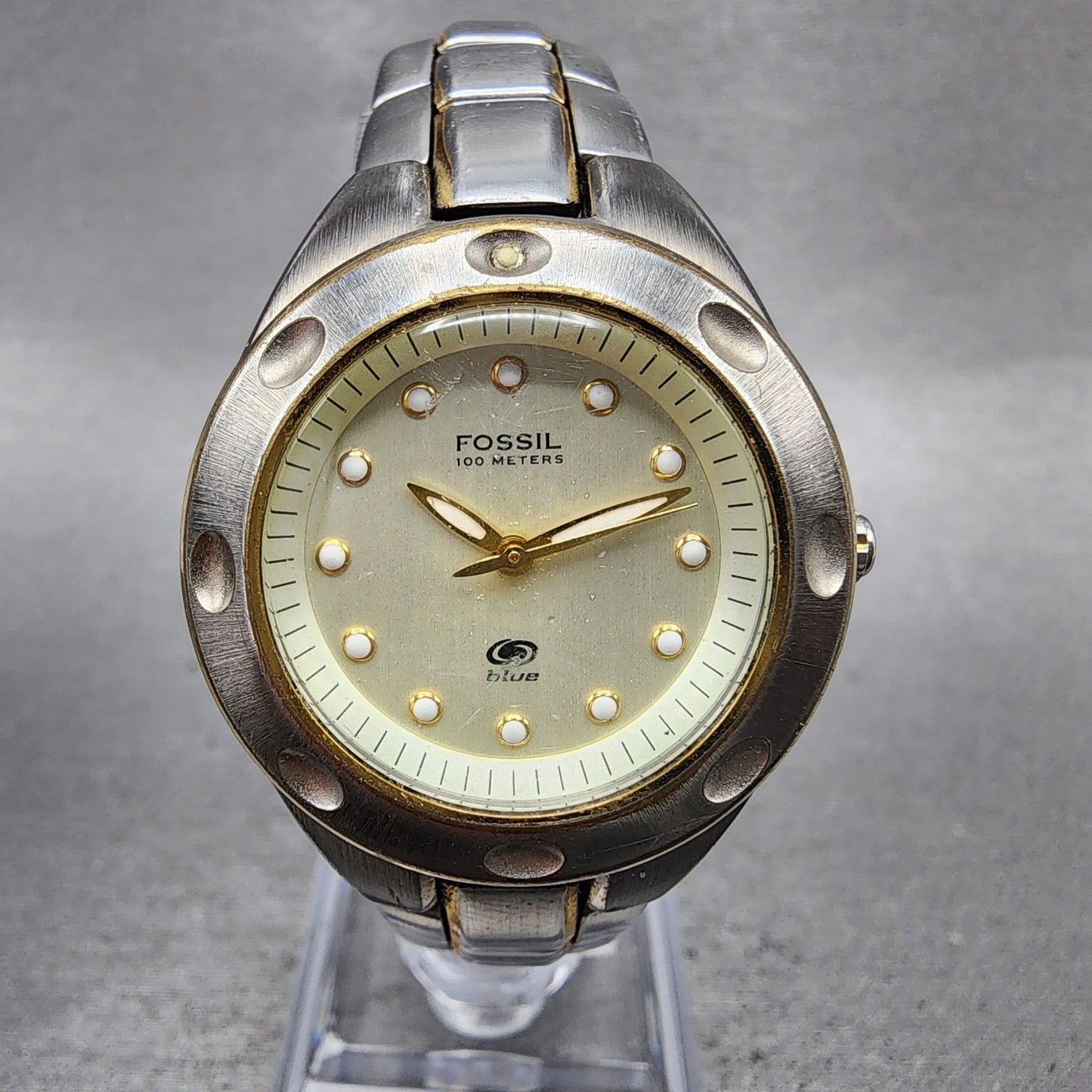 Fossil Blue Watch Women 29mm Champagne Dial Two Tone Round AM3304 New Battery0