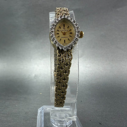 Gruen Watch Women 16mm Gold Dial Gold Tone Oval Diamond Bezel New battery VTG5