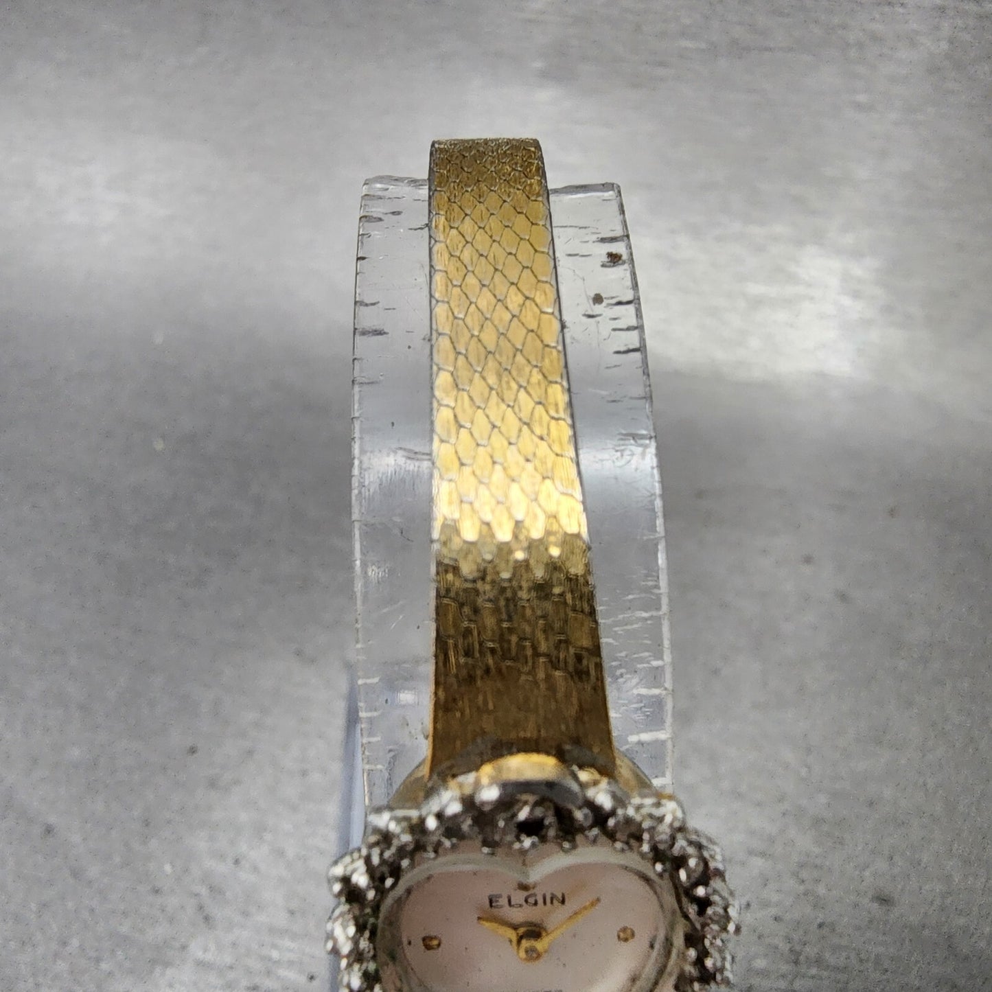 Elgin Watch Women Silver Dial Gold Tone Heart Shaped Gem Set bezel New battery4