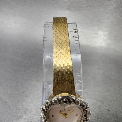 Elgin Watch Women Silver Dial Gold Tone Heart Shaped Gem Set bezel New battery4