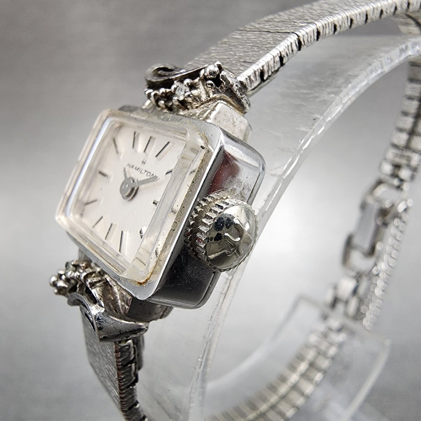 Hamilton Watch Women 15mm White Dial 10K Gold Plated Diamond Accent Manual Wind1