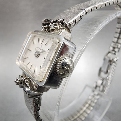 Hamilton Watch Women 15mm White Dial 10K Gold Plated Diamond Accent Manual Wind1