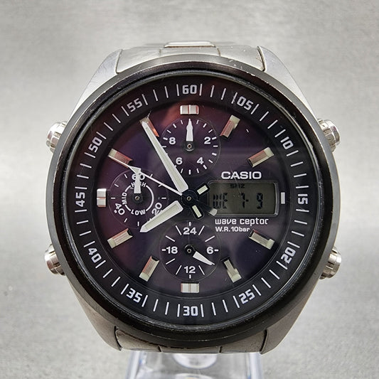 Casio Waveceptor WVQ500 Watch Men 42mm Black Dial Steel Analog Digital Chrono0