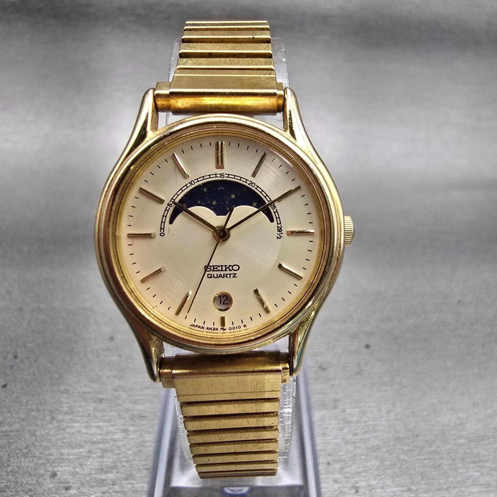 Seiko Moon Phase Watch Women 25mm Cream Dial Gold Tone Date 4K24-0019 New Batt0