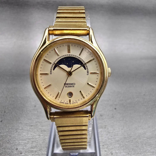 Seiko Moon Phase Watch Women 25mm Cream Dial Gold Tone Date 4K24-0019 New Batt0