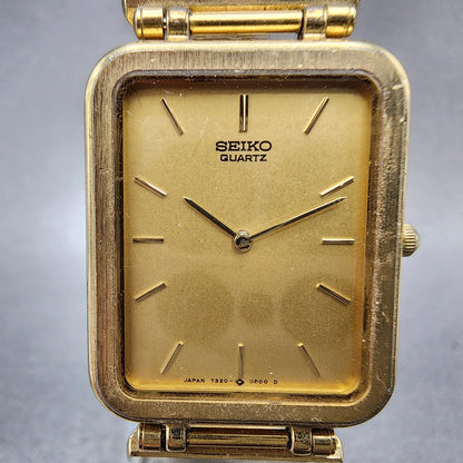 Seiko Tank Watch Men 23mm Champagne Dial Gold Tone Rectangle 73205889 New Batt1