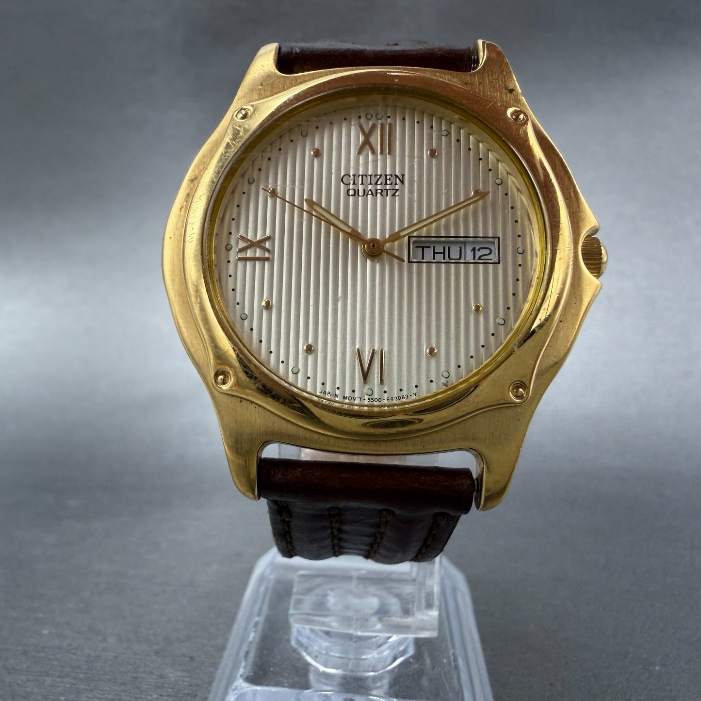 Citizen Watch Men 37mm Champagne Dial Gold Tone Daydate Round New Battery ABC5