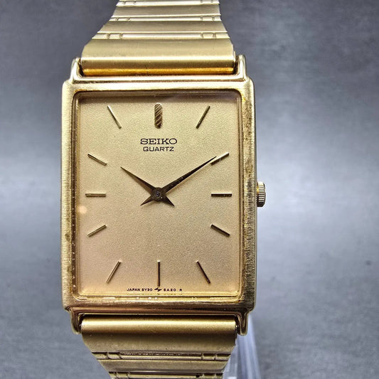 Seiko Tank Watch Men 25mm Gold Dial Gold Tone Rectangle 5Y30-5A09 PARTS Vintage0