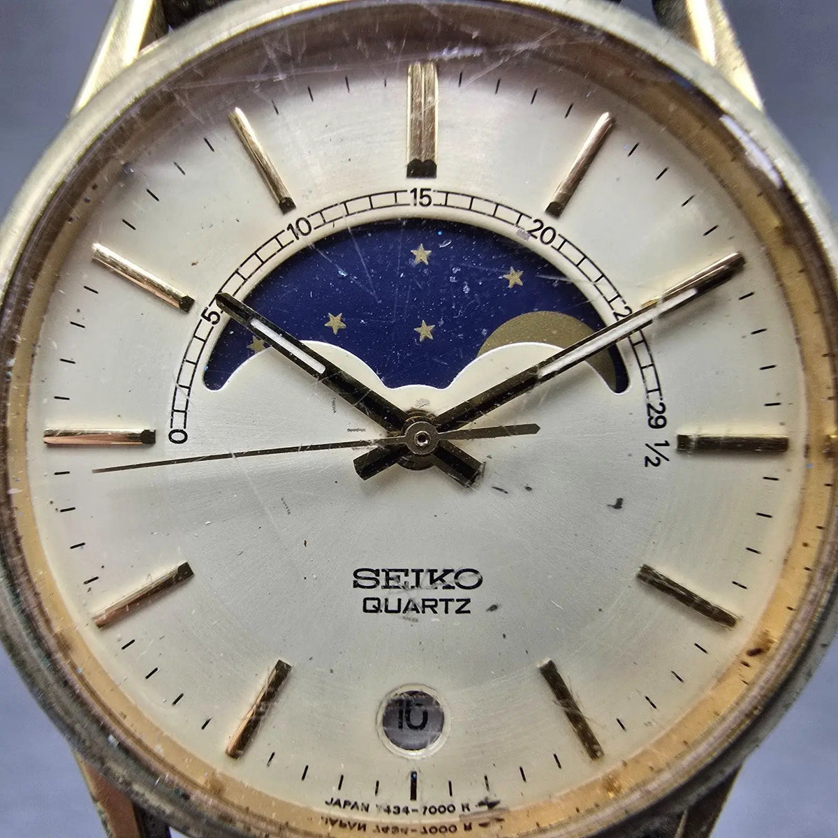 Seiko Moon Phase Watch Men 32mm Champagne Dial Gold Date Round 7434-7008 PARTS2