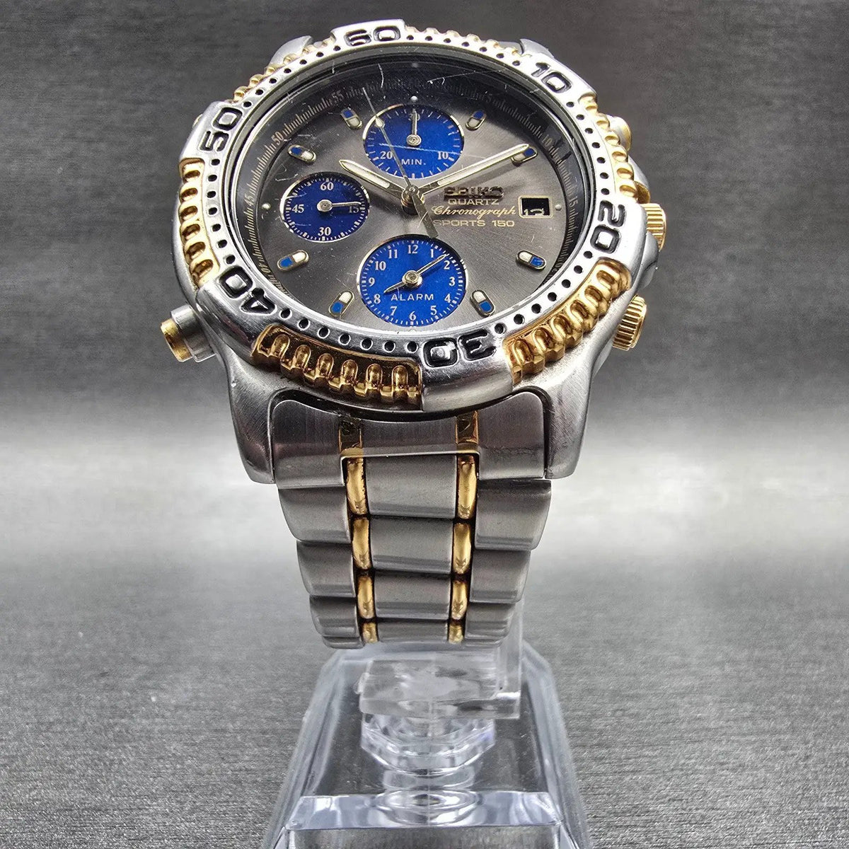 Seiko Sports 150 Watch Men 39mm Gray Dial Two Tone Chrono Alarm 7T32-6C09 NewBat5