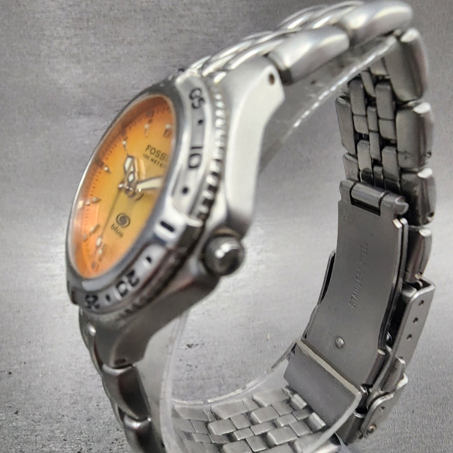 Fossil Blue Dive Watch Women 30mm Orange Dial Silver Tone Date AM3578 New Batt2