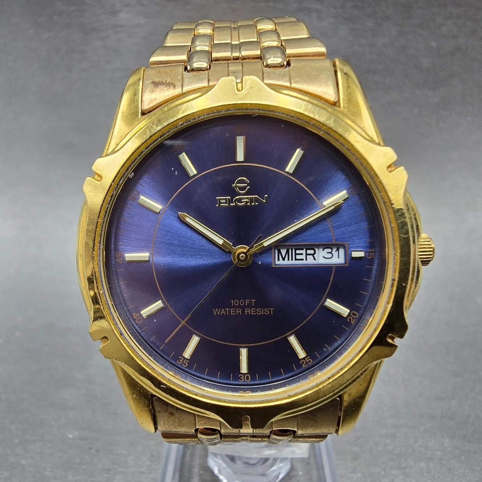 ELgin Watch Men 36mm Blue Dial Gold Tone Daydate Round FC336B New Battery0