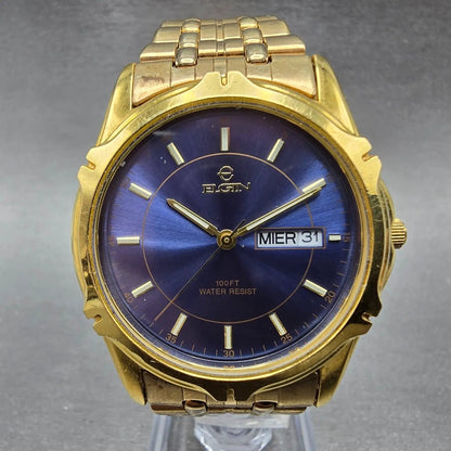 ELgin Watch Men 36mm Blue Dial Gold Tone Daydate Round FC336B New Battery0