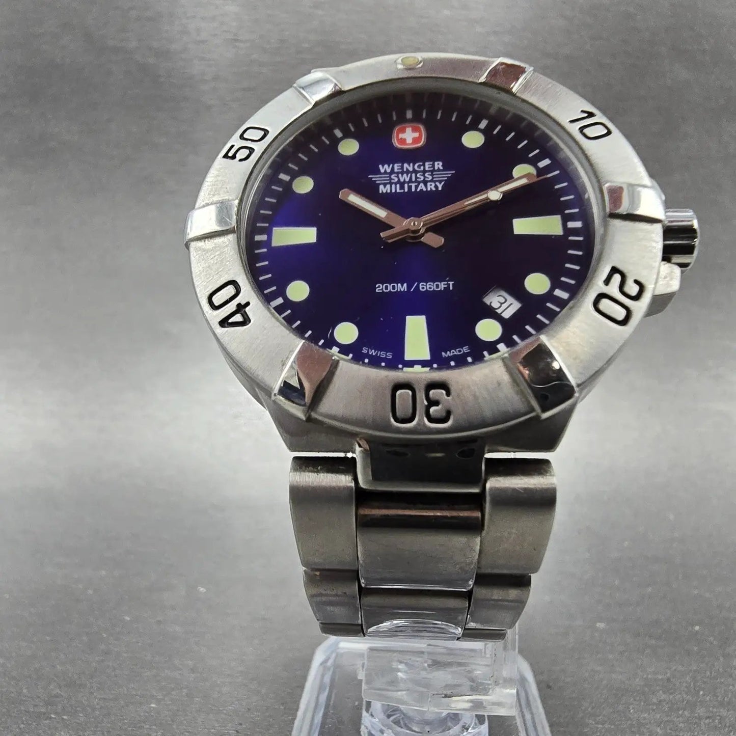 Wenger Swiss Military Dive Watch Men 41mm Blue Dial Silver Tone Date 79178 PARTS6