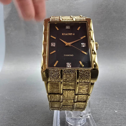 Elgin Tank Watch Men 31mm Black Dial Gold Tone Rectangle FG9031 New Battery5
