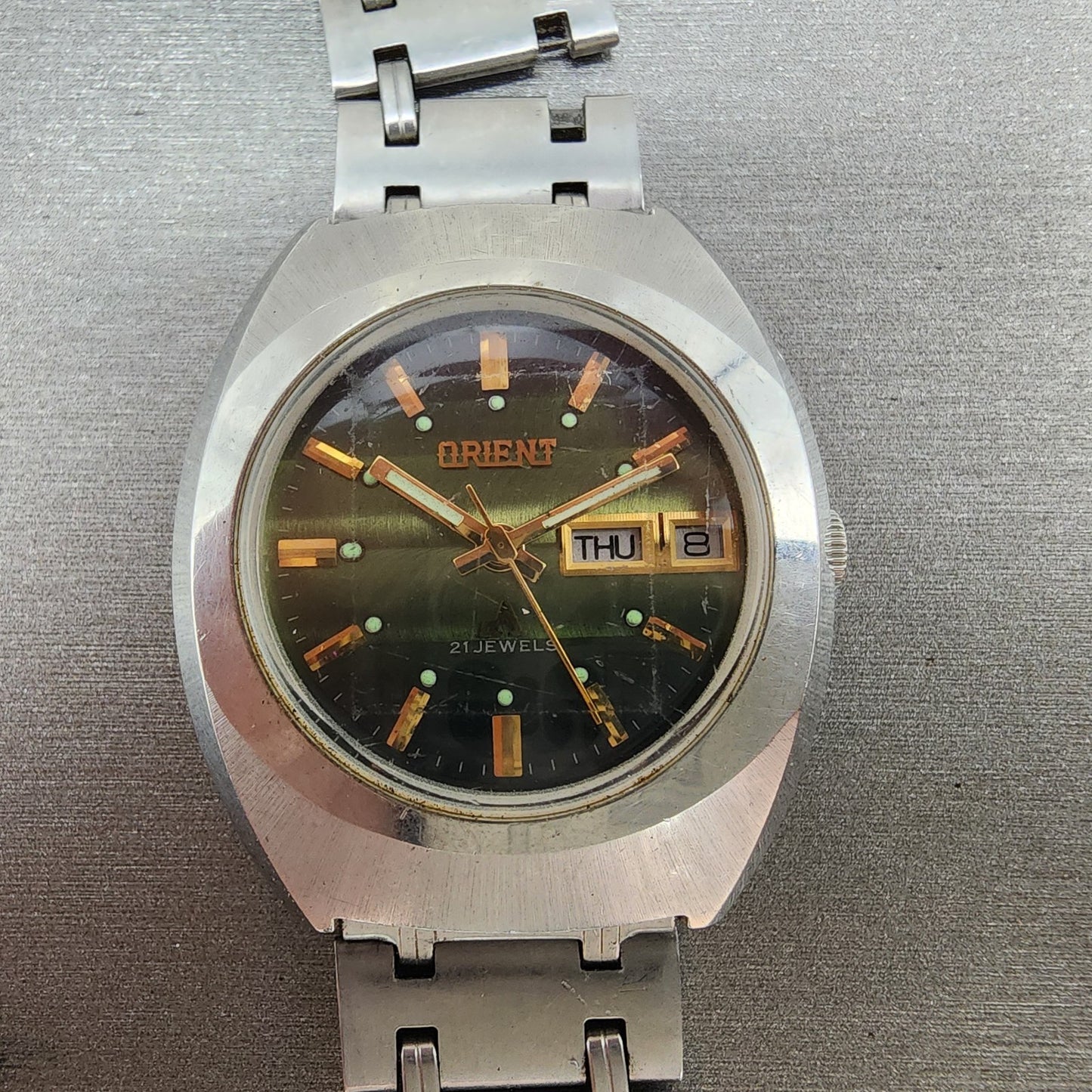 Orient Chrono Ace Watch Men 35mm Green Dial Steel Daydate G42926740 Runs0