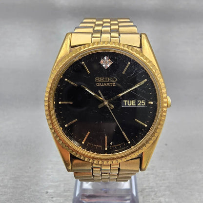Seiko President Watch Men 36mm Black Dial Gold Tone Daydate 7N43-8111 New Batt0