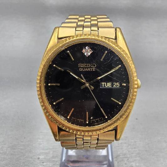 Seiko President Watch Men 36mm Black Dial Gold Tone Daydate 7N43-8111 New Batt0