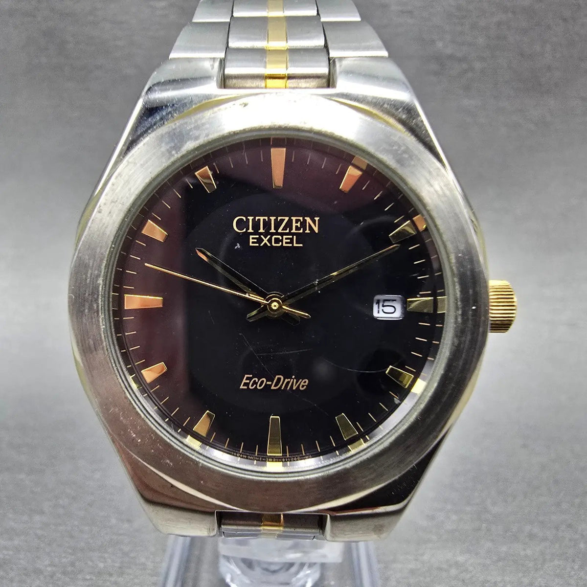 Citizen Excel Eco-Drive Watch Men 36mm Black Dial Two Tone Date Round Runs JDM0