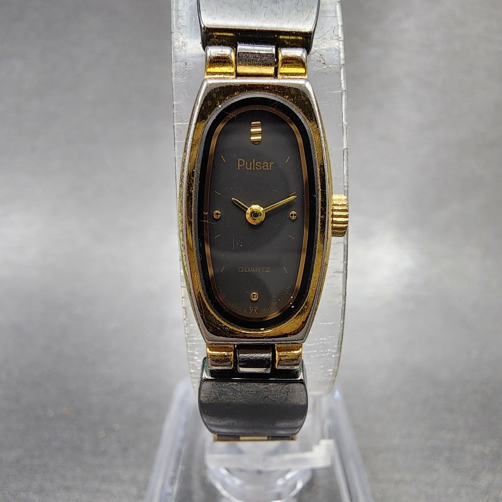 Seiko Pulsar Watch Women 12mm Black Dial Black & Gold Tone V2205460 New Battery0