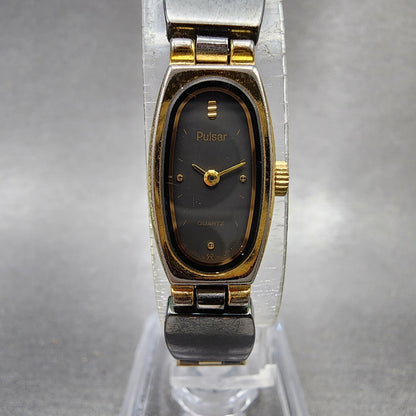Seiko Pulsar Watch Women 12mm Black Dial Black & Gold Tone V2205460 New Battery0