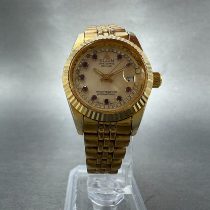 Elgin Watch Women 25mm Champagne Dial Gold Tone Date Round FK330 New Battery5