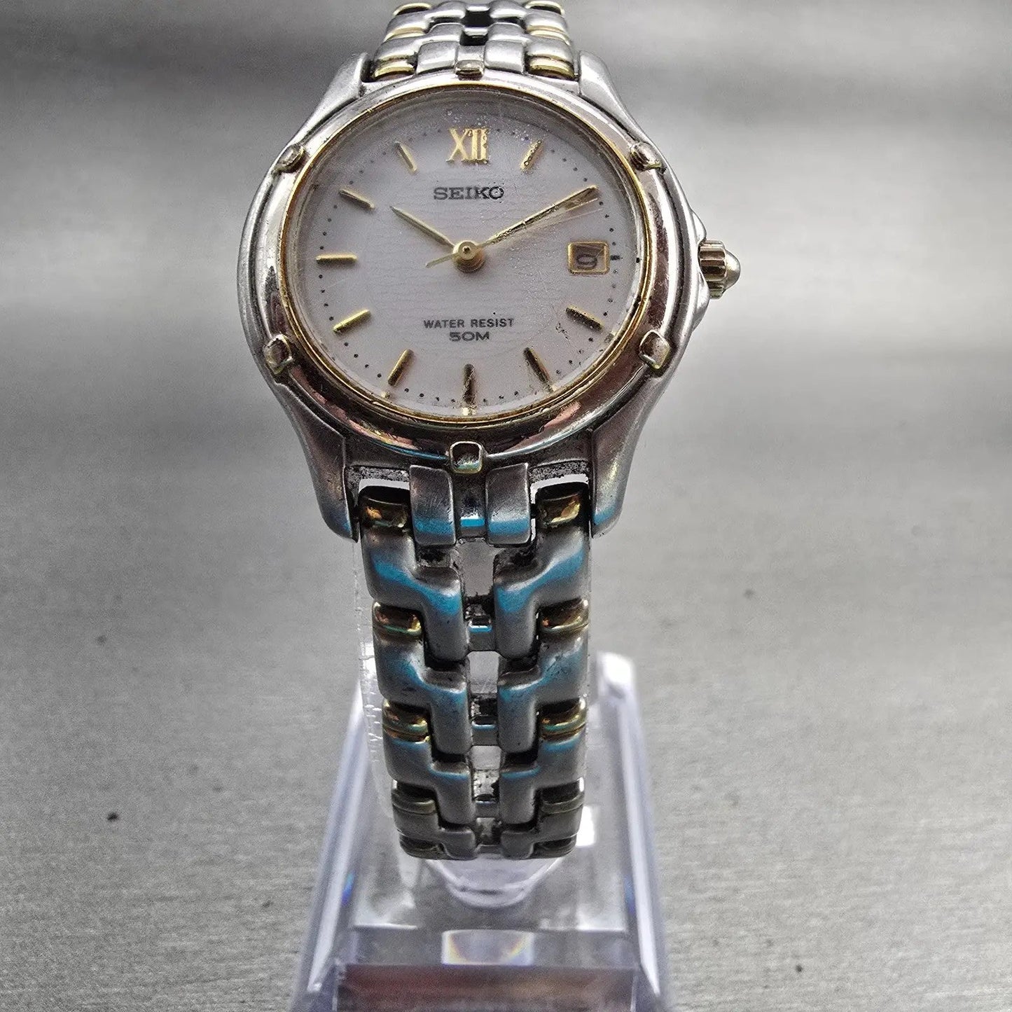 Seiko Watch Women 27mm White Dial Two Tone Date Round 7N82-0599 New Battery VTG5