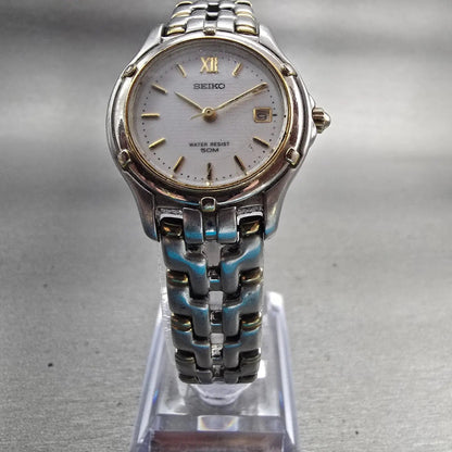 Seiko Watch Women 27mm White Dial Two Tone Date Round 7N82-0599 New Battery VTG5