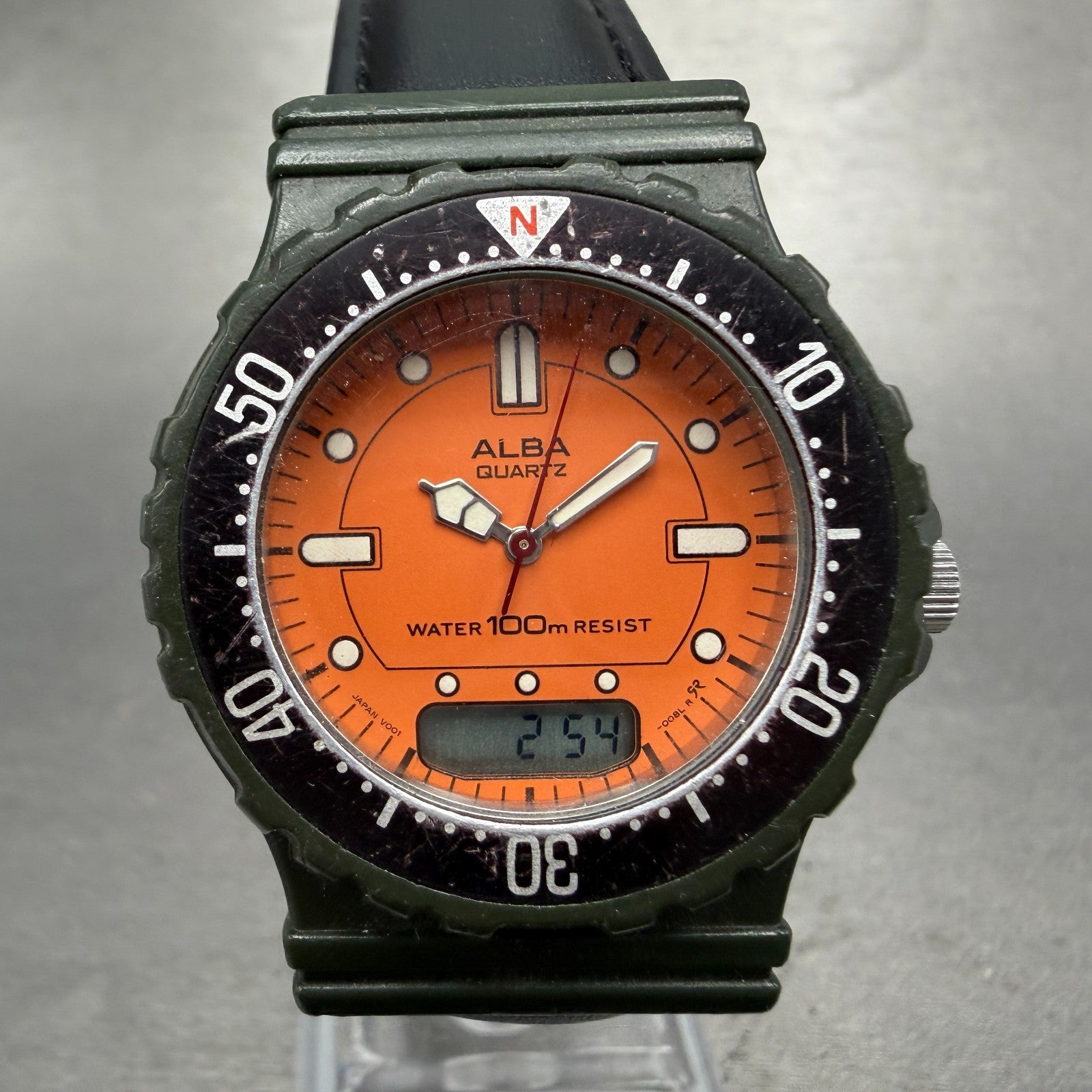 Seiko Alba Dive Analog Digital Watch Women 34mm Orange Dial Green Tone New Batt0