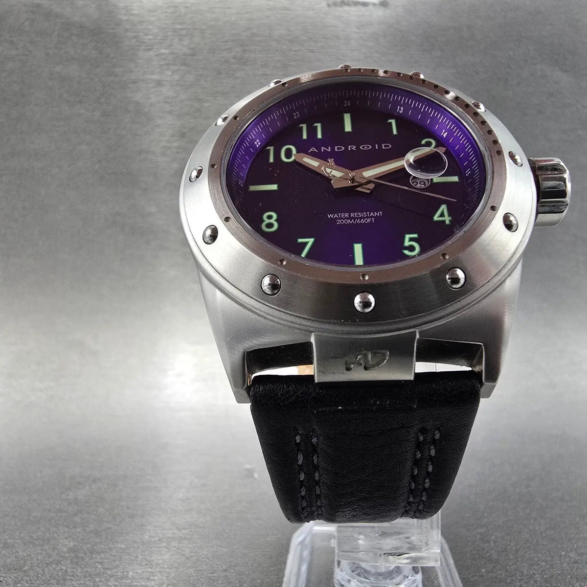 Android Dive Watch Men 48mm Purple Dial Steel Date Round New Battery AD6415