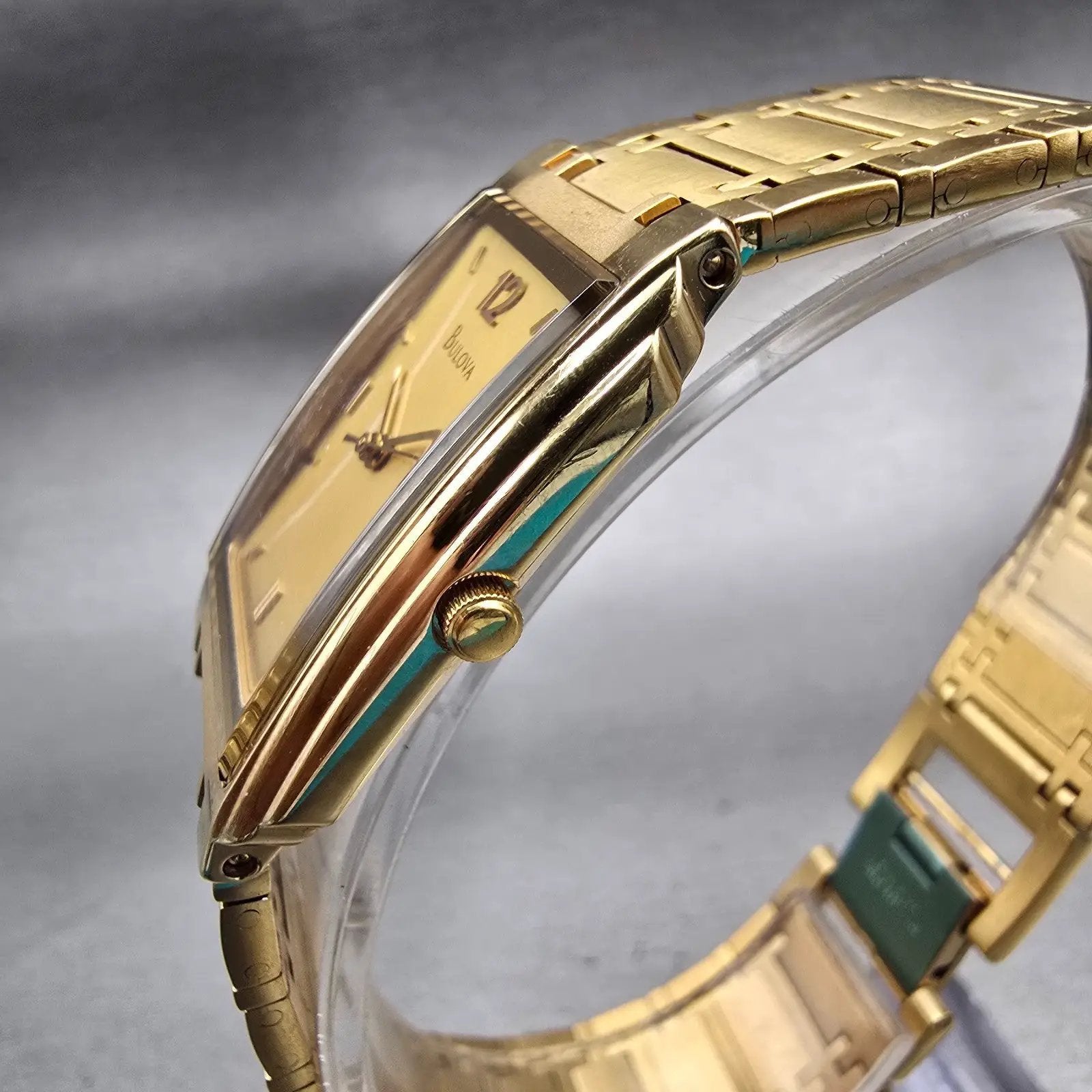 Bulova Watch Men 26mm Gold Dial Gold Tone Rectangle 97A15 New Battery Vintage2