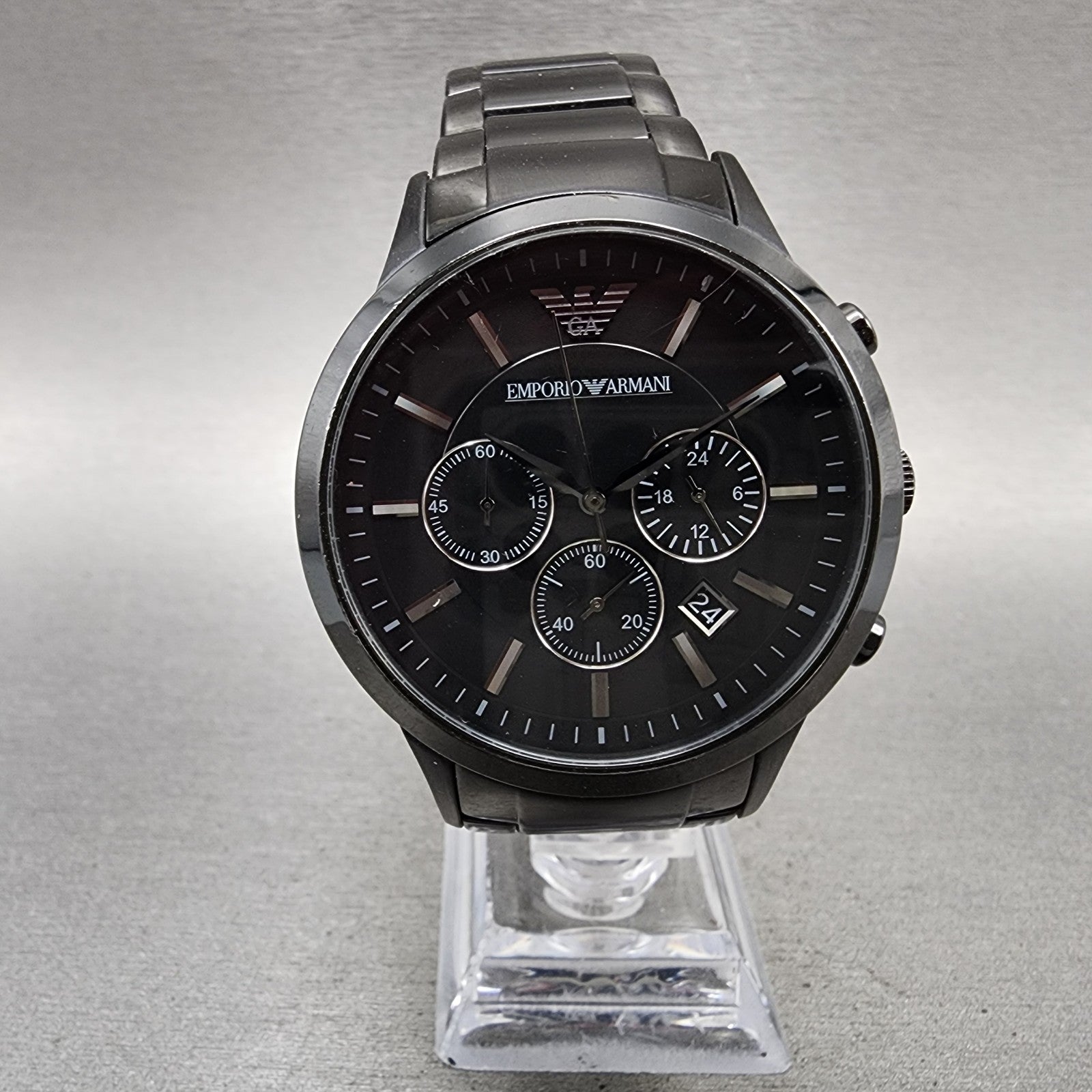 Emporio Armani Chronograph Watch Men 43mm Black Dial Black Tone New Battery0