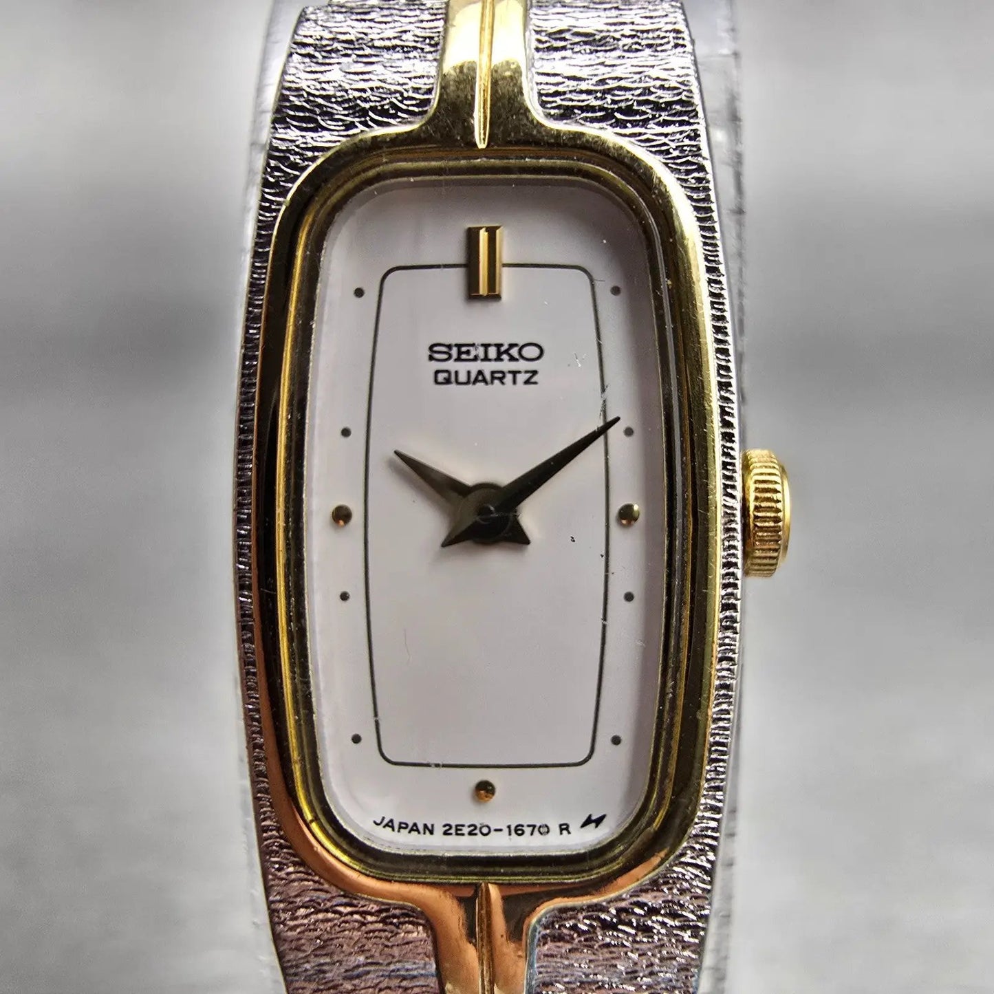 Seiko Watch Women 12mm White Dial Two Tone Rectangle 2E20-6319 New Battery VTG1