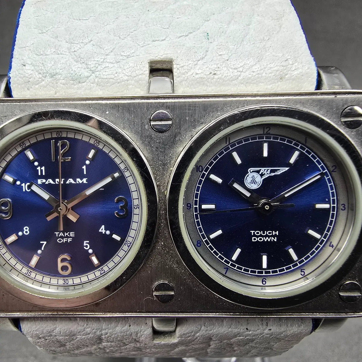 Panam Dual Time Watch Men 56mm Blue Dial Silver Tone Rectangle New Battery1
