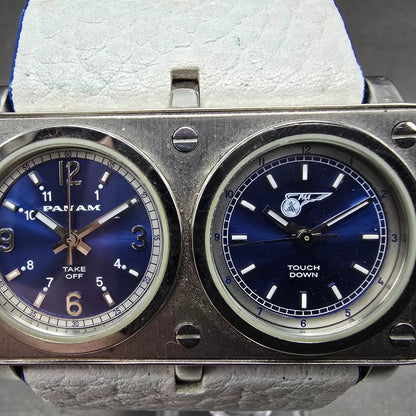 Panam Dual Time Watch Men 56mm Blue Dial Silver Tone Rectangle New Battery1