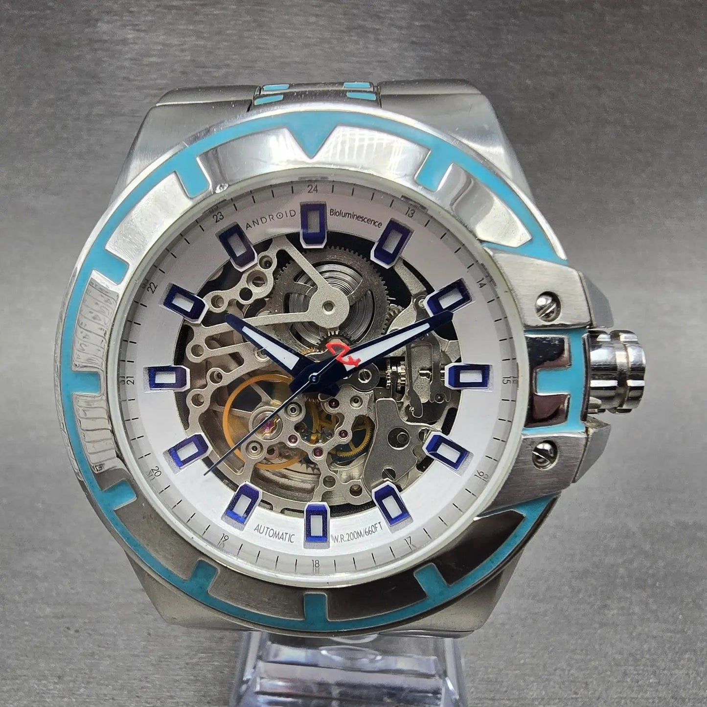 Android Bioluminescence Skeleton Automatic Watch Men 48mm Blue Dial Steel Runs0