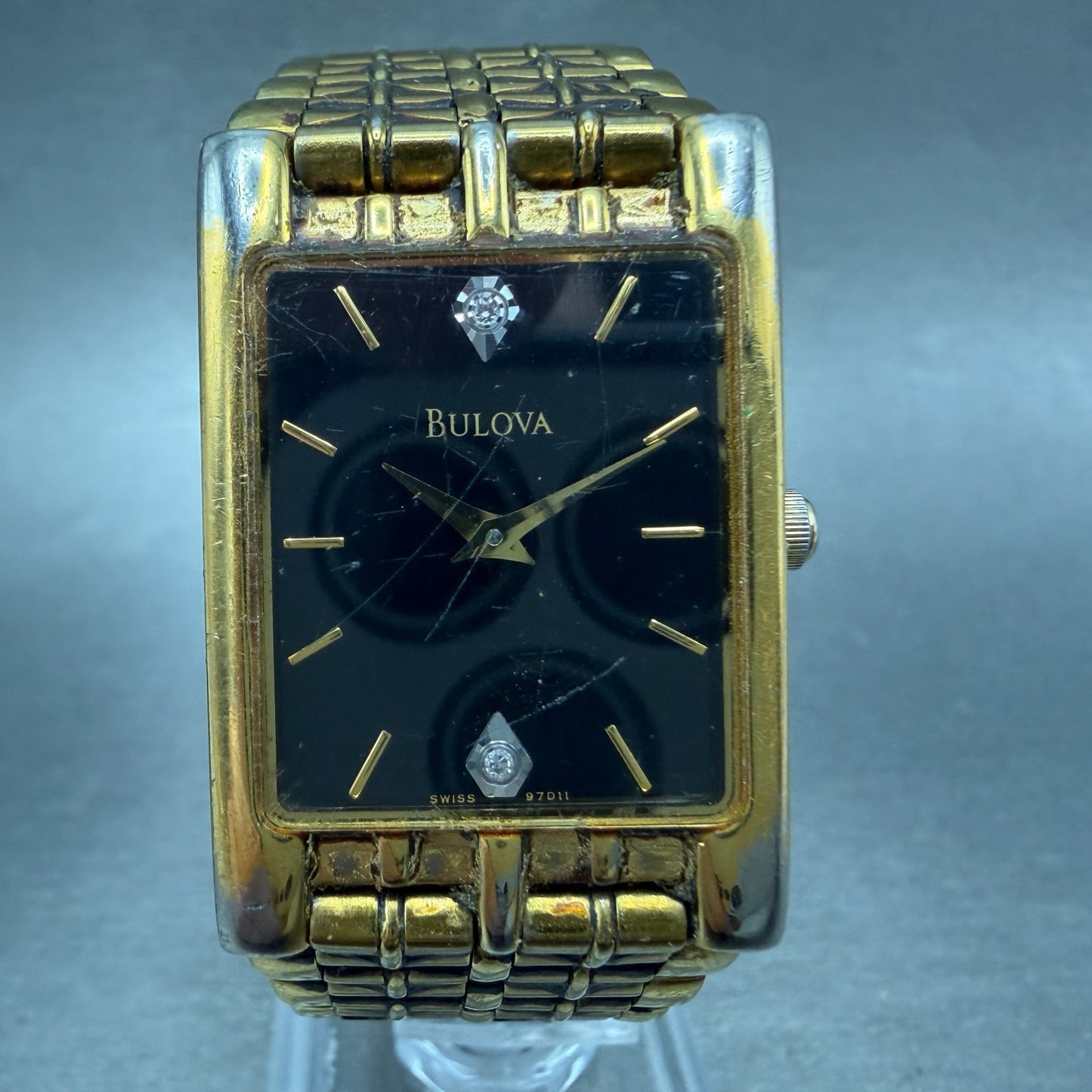 Bulova Tank Watch Men 24mm Black Dial Gold Tone Rectangle 97D11 New Battery VTG0