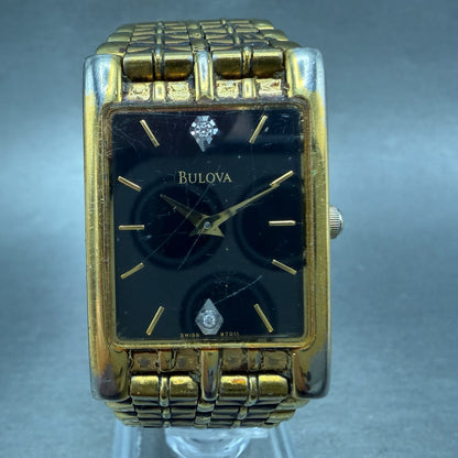 Bulova Tank Watch Men 24mm Black Dial Gold Tone Rectangle 97D11 New Battery VTG0