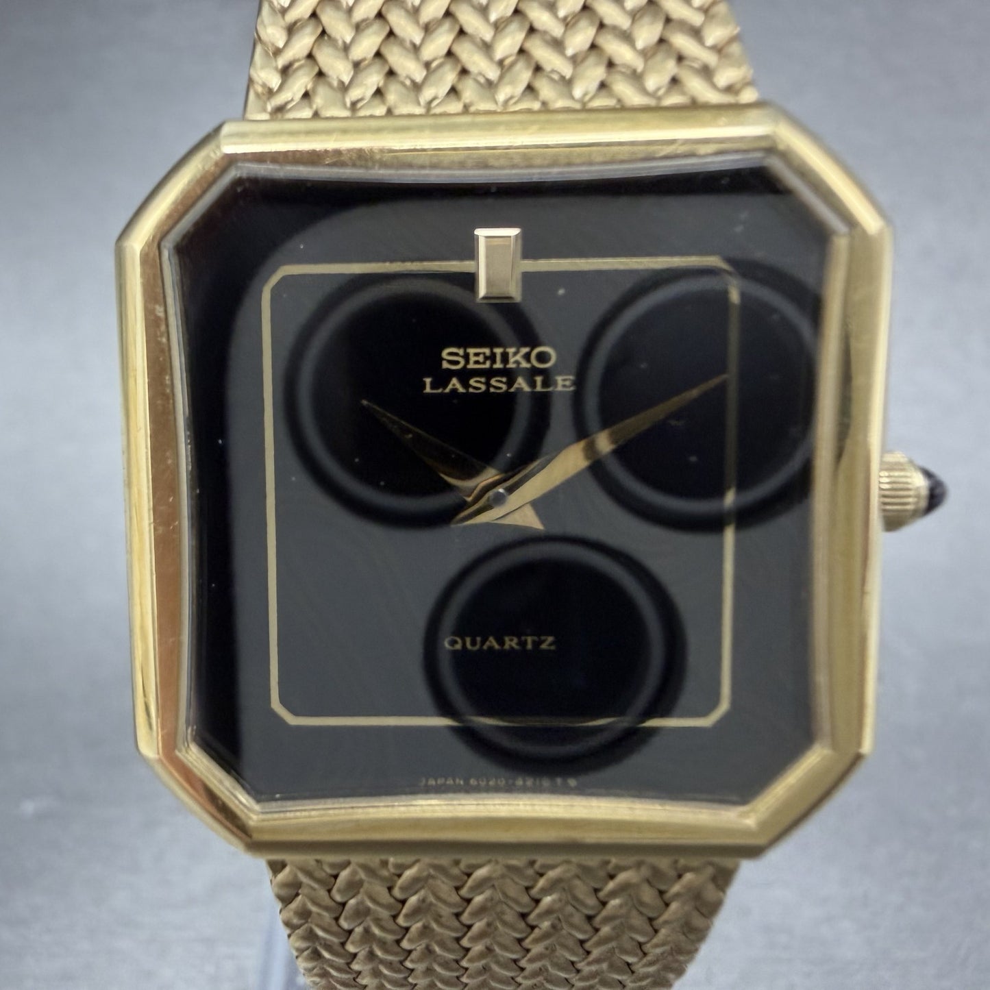 Seiko Lassale Watch Men 27mm Black Dial Gold Tone Octagon 6020-5349 NewBattery1