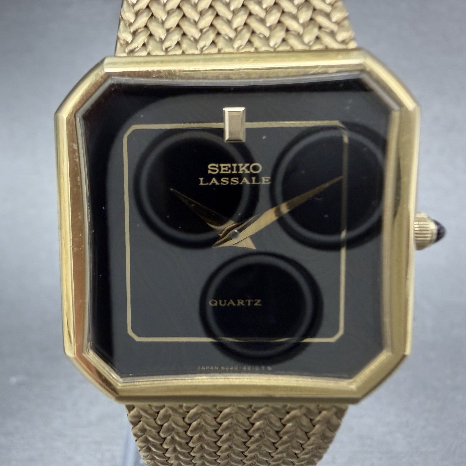 Seiko Lassale Watch Men 27mm Black Dial Gold Tone Octagon 6020-5349 NewBattery1