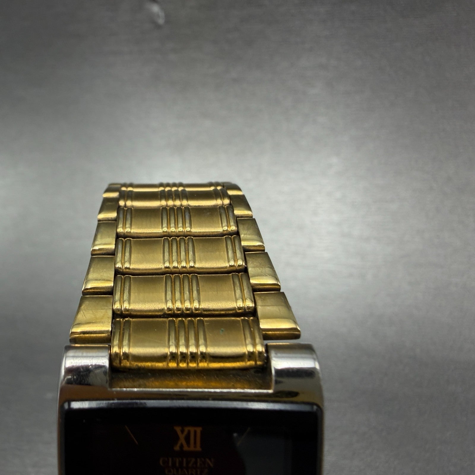 Citizen CQ Tank Watch Men 25mm Black Dial Gold Tone 6020-G08334 New Battery VTG4